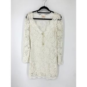 Rebecca Taylor Women's Approx Size 2 White Mini Dress Lace Plunging Long Sleeve